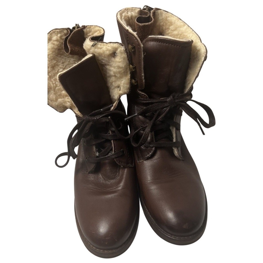 YARGICI BROWN Leather Lace-up Boots Shearling Faux-fur Lining Size 8